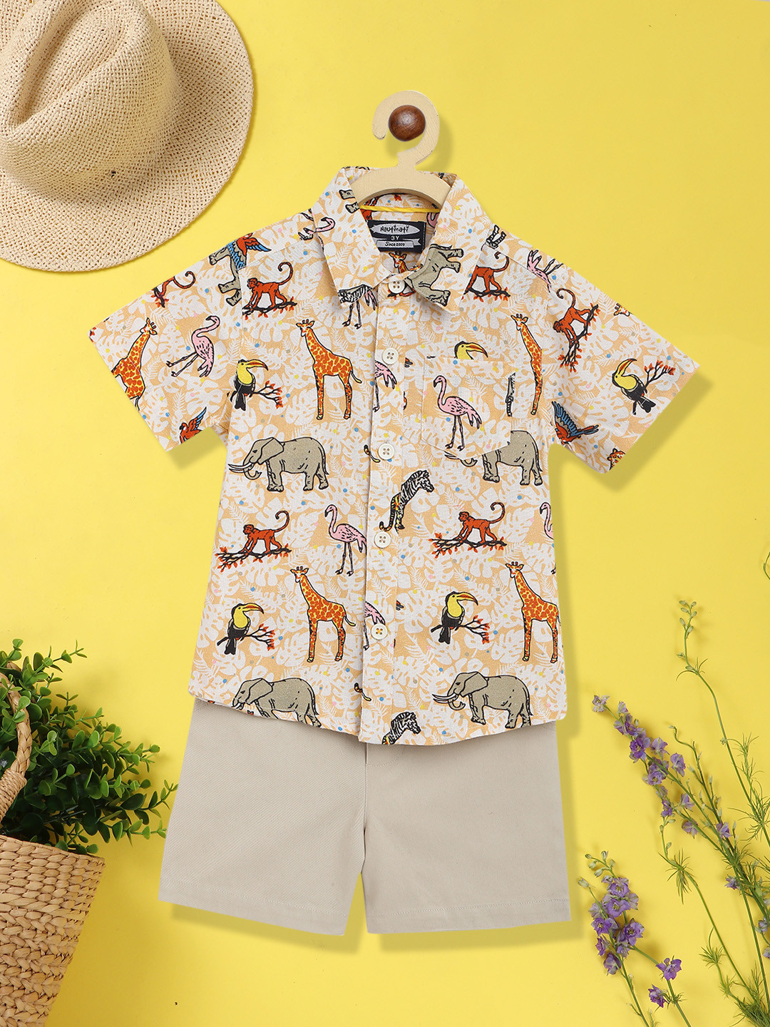 Nauti Nati Boys Beige & Orange Printed Pure Cotton Shirt with Shorts
