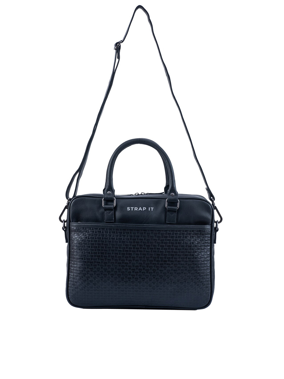 STRAP IT Men Black Textured Leather Laptop Bag