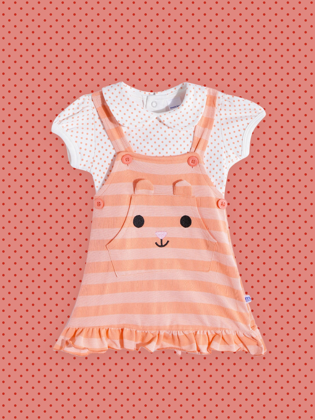 Moms Love Girls Peach-Coloured & White Pure Cotton Striped Pinafore Dress with T-shirt