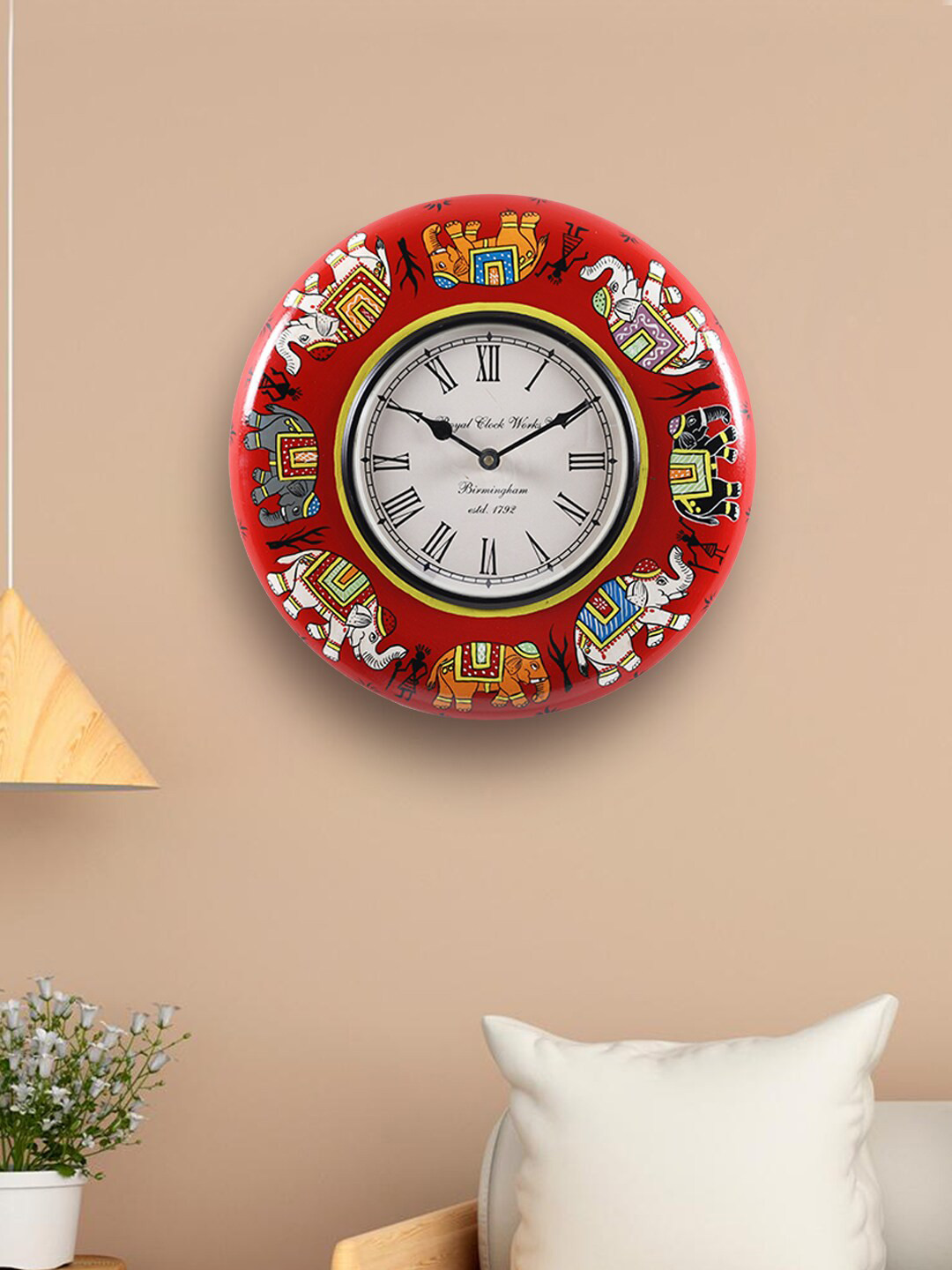 Aapno Rajasthan Red & White Elephant Printed Round Traditional Analogue Wall Clock 29cm