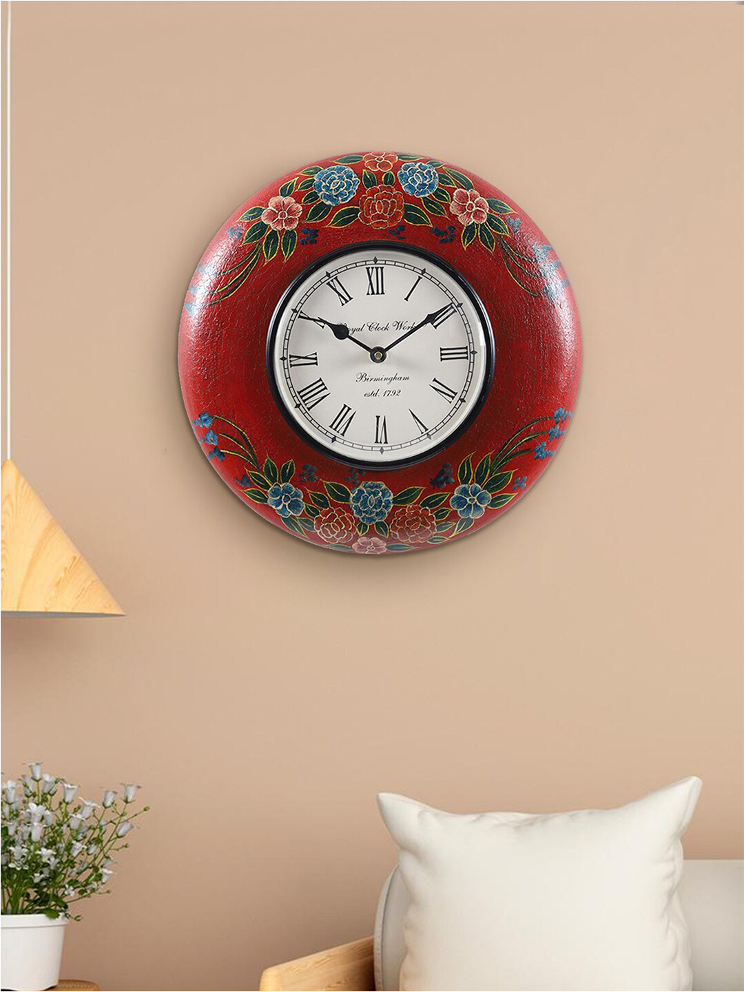 Aapno Rajasthan Red & Green Hand-Painted 29 cm Traditional Analogue Wall Clock