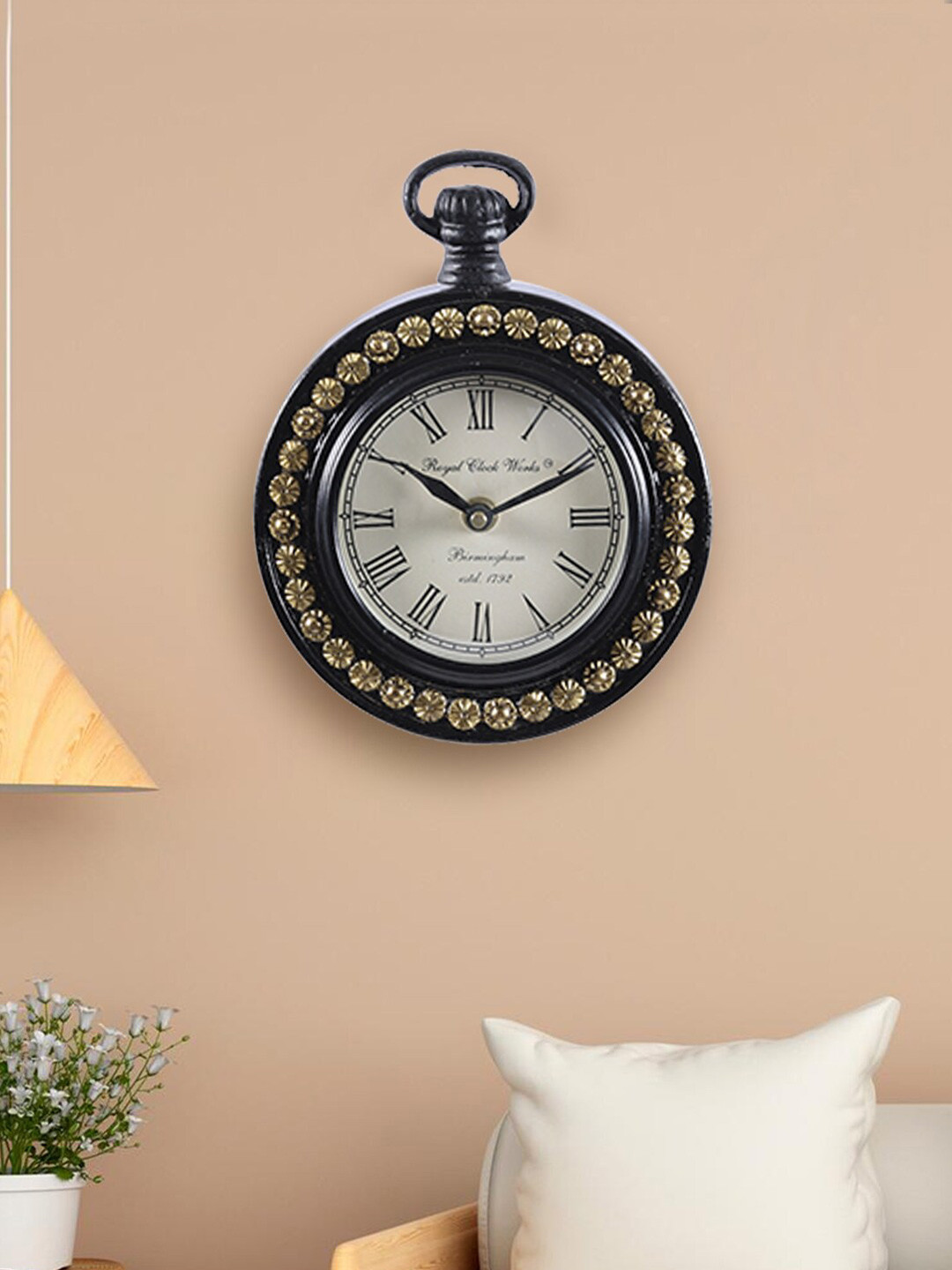 Aapno Rajasthan Black & Gold-Toned Embellished Contemporary Wall Clock with Stand