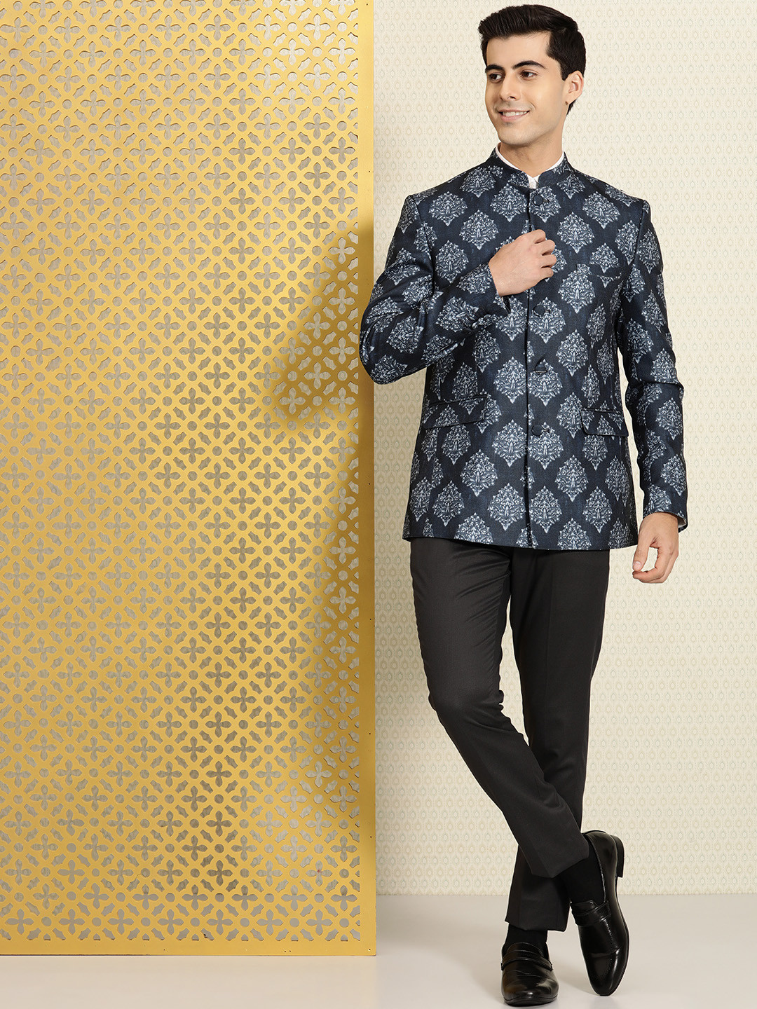 House of Pataudi Navy Blue And White Ethnic Motifs Printed Single-Breasted Jashn Blazer
