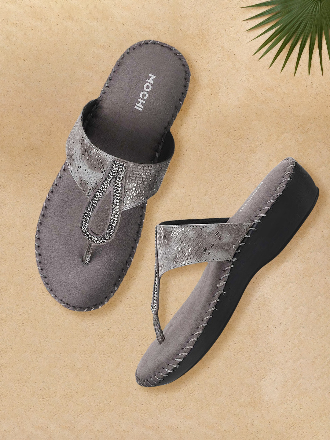 Mochi Womens Grey Embellished Comfort Ethnic T- Strap Flat