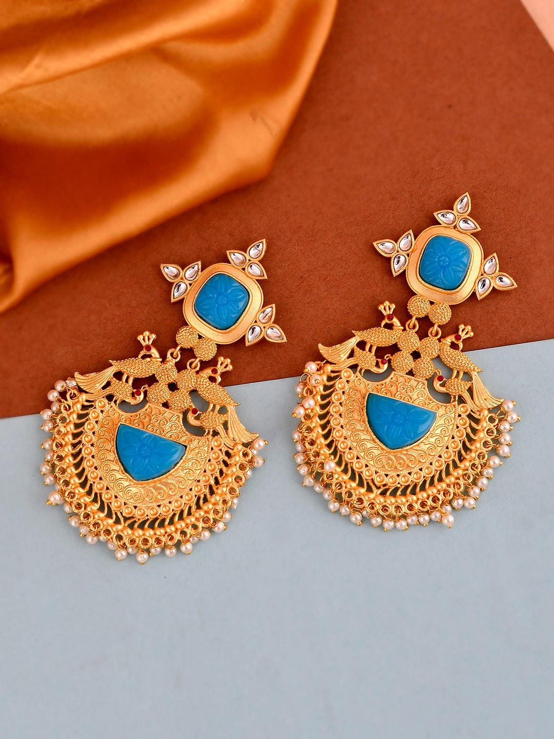 Silvermerc Designs Women Gold-Plated & Blue Contemporary Chandbalis Earring