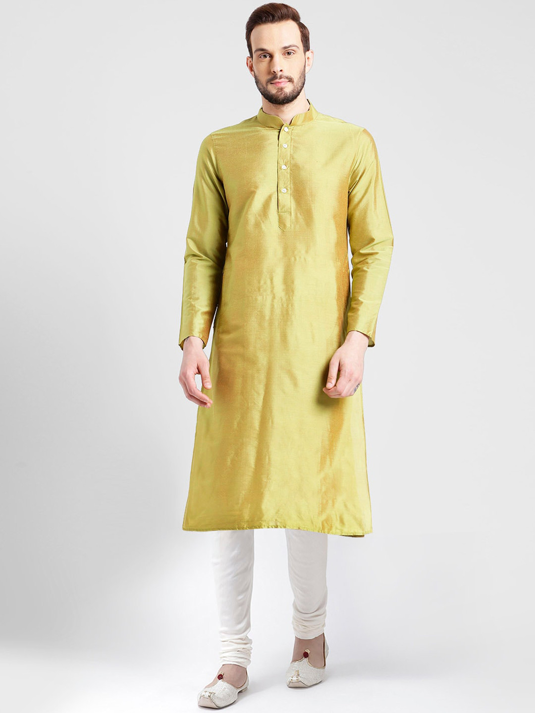 KISAH Men Lime Green & White Kurta with Churidar