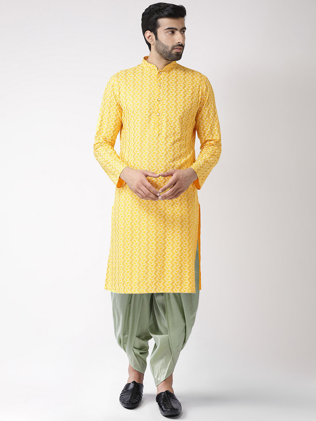 KISAH Men Yellow & Sage Printed Cotton Blend Kurta with Dhoti Pants