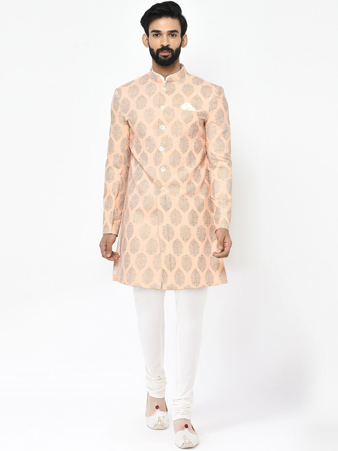 KISAH Men Pink Floral Printed Indowestern Sherwani Set