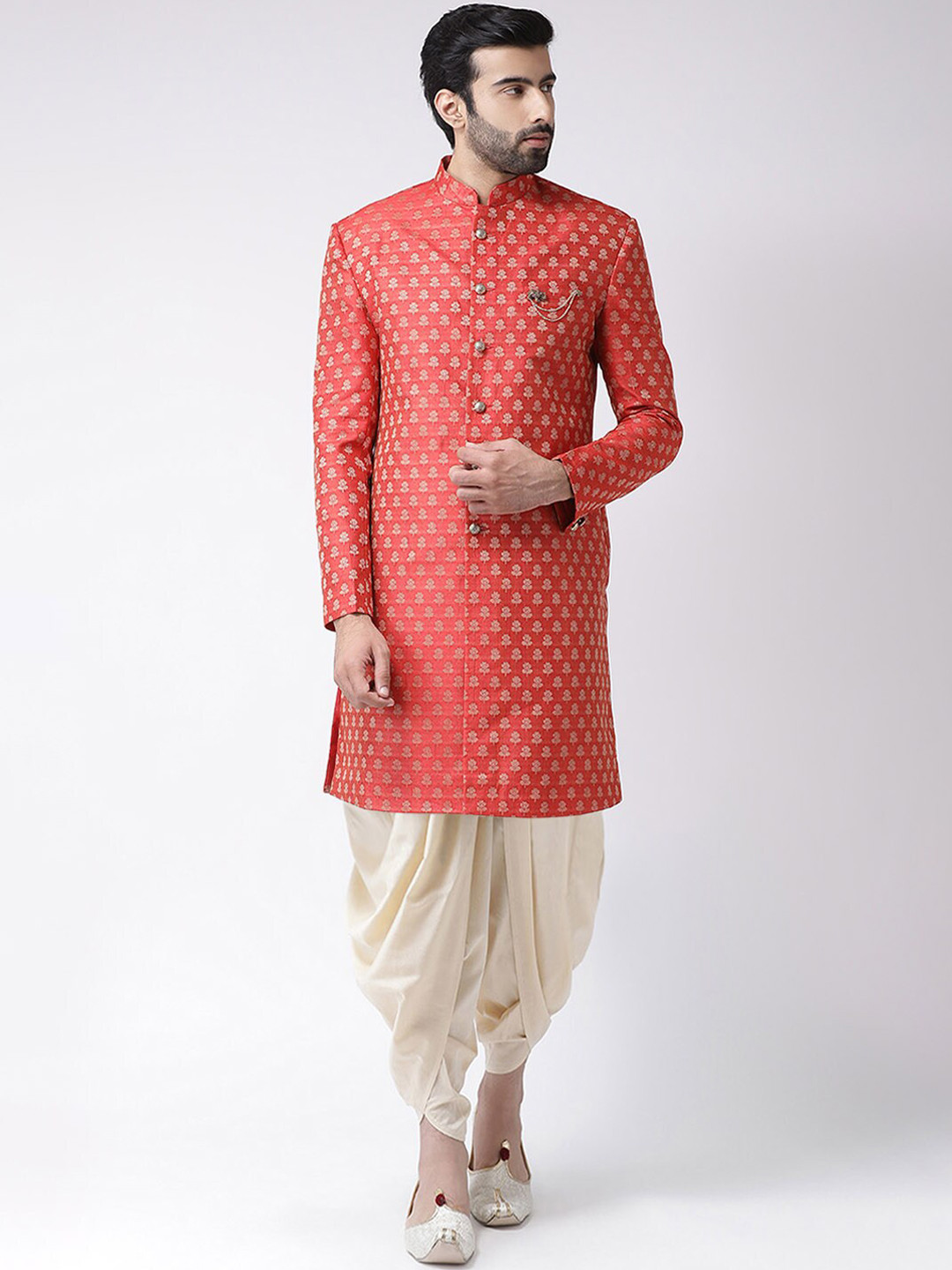 KISAH Men Red & Cream-Coloured Cotton Indowestern Sherwani With Dhoti Pants