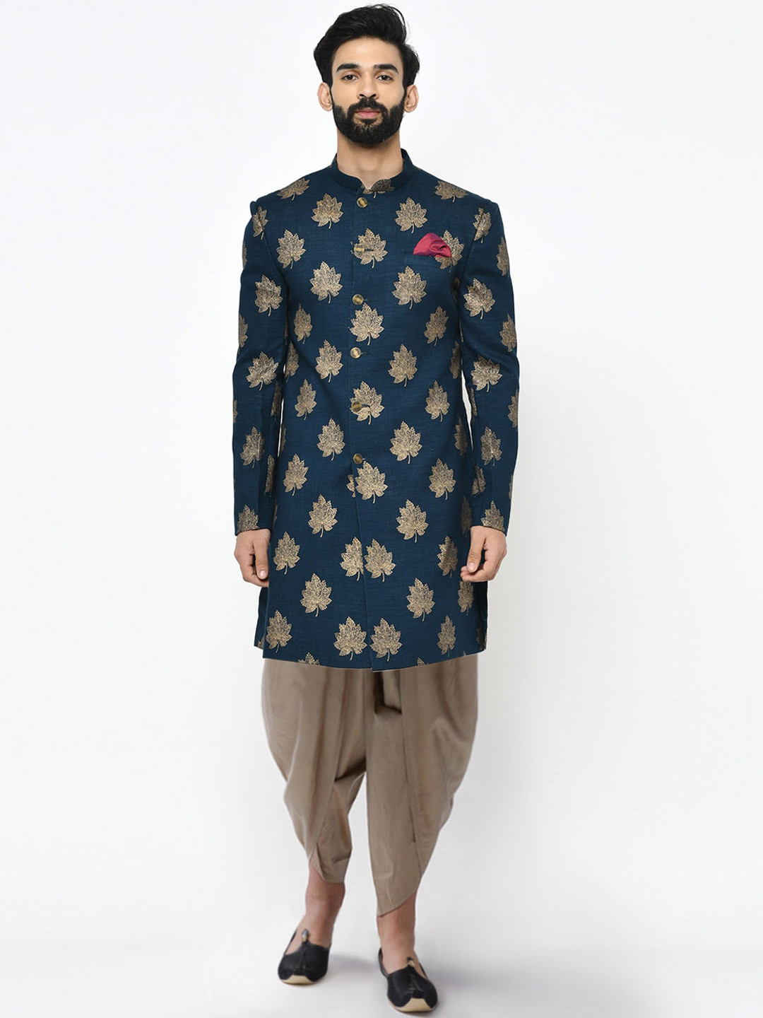 KISAH Men Blue & Gold Printed Indowestern Sherwani with Dhoti Pants