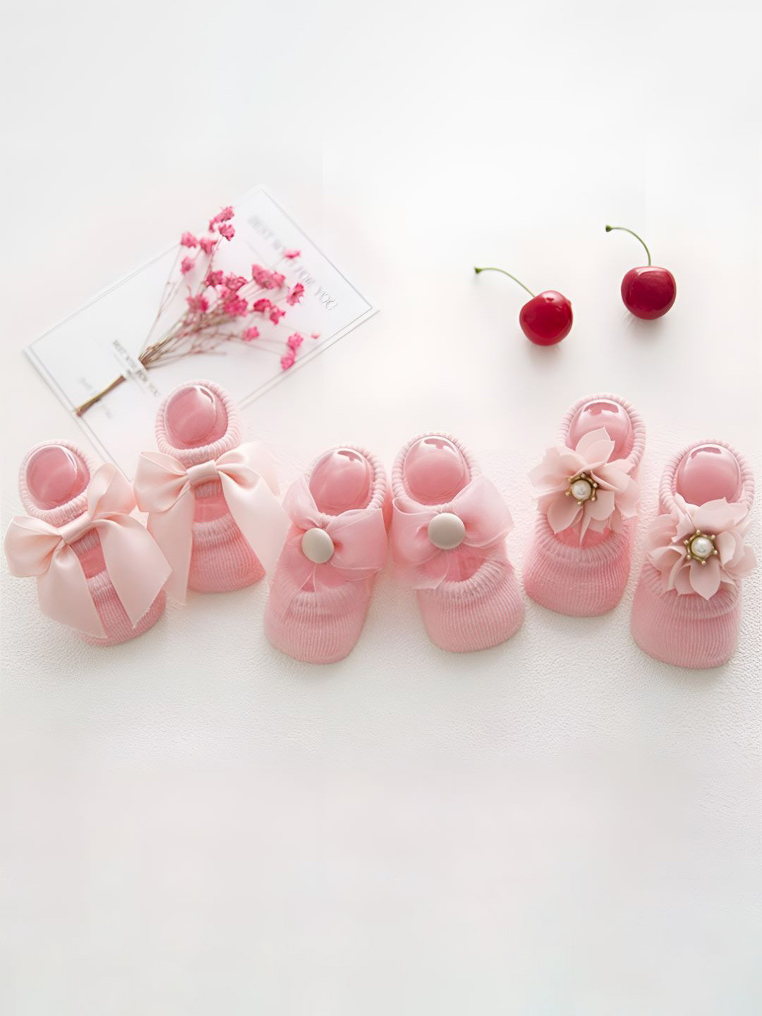 SYGA Kids Pack of 3 Pink Patterned Baby Bow Cotton Non Slip Socks