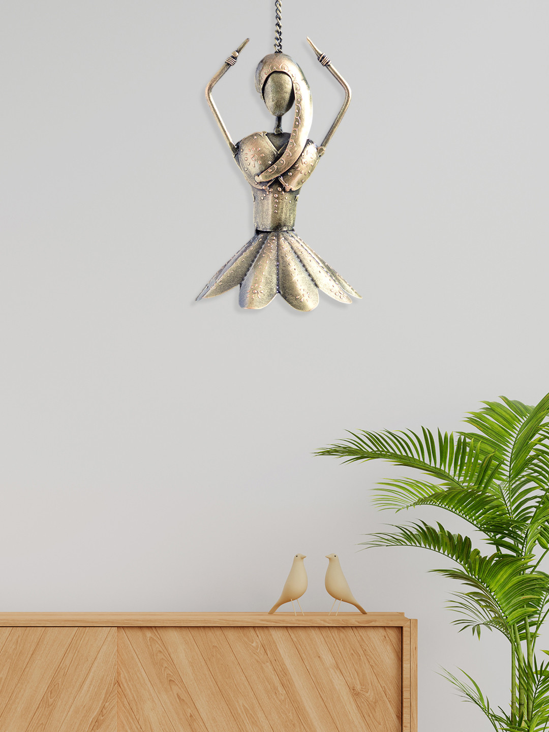 Golden Peacock Dancing Doll Metal Ethnic Motifs Glossy Hanging Hall Wall Hangings-7.9In