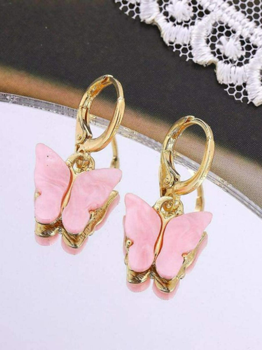 EL REGALO Gold-Toned & Pink Butterfly Shaped Drop Earrings