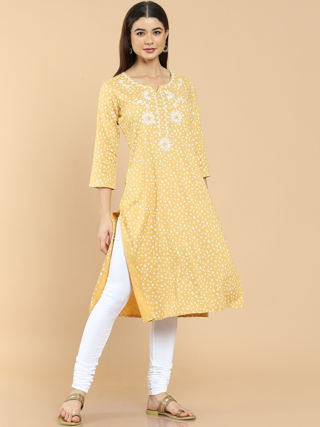 Soch Women Yellow & White Floral Printed Rayon Kurta With Embroidery