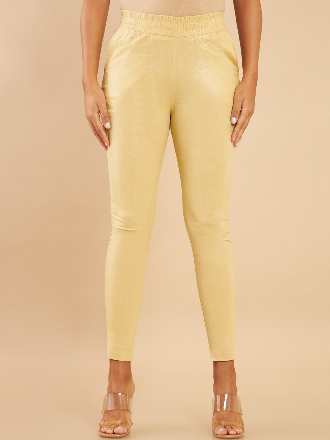 Soch Women Gold-Toned Blended Crepe Relaxed Trousers