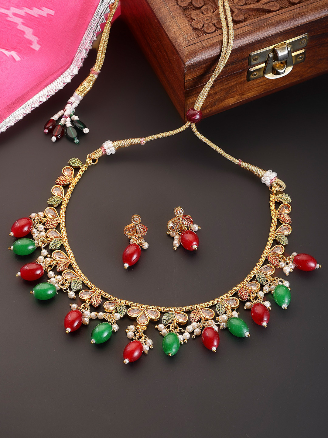 ZENEME Gold-Plated Dual Color Pearl Studded Leaf Necklace With Earring Set