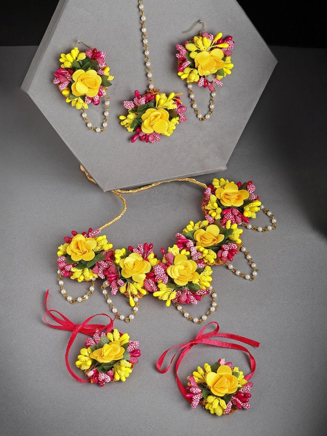 ZENEME Yellow & Pink Floral Gota Patti Beaded Haldi & Mehendi Jewellery Set