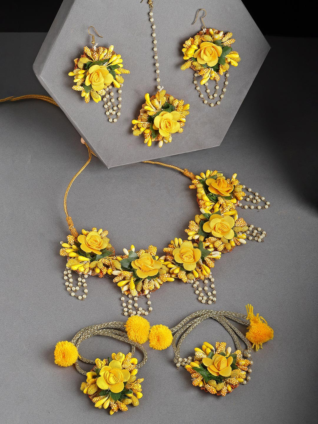 ZENEME Yellow Floral Gota Patti Beaded Haldi & Mehendi Jewellery Set