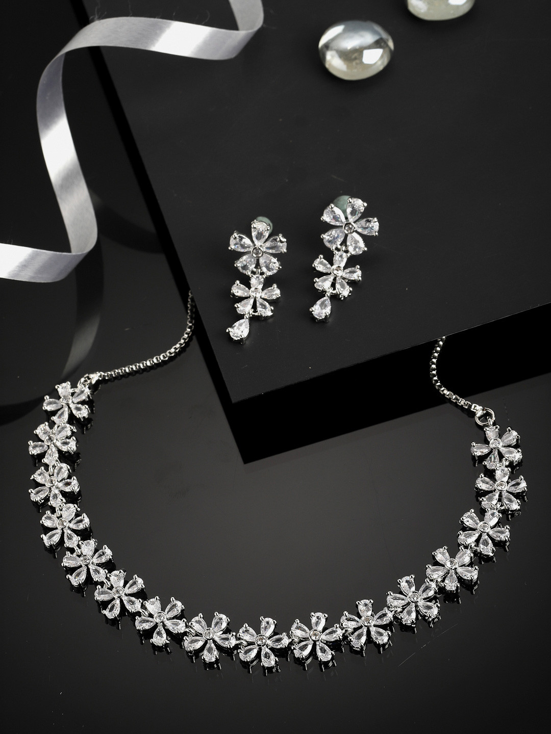 ZENEME Silver-Toned & White AD Stone-Studded Rhodium-Plated Jewellery Set
