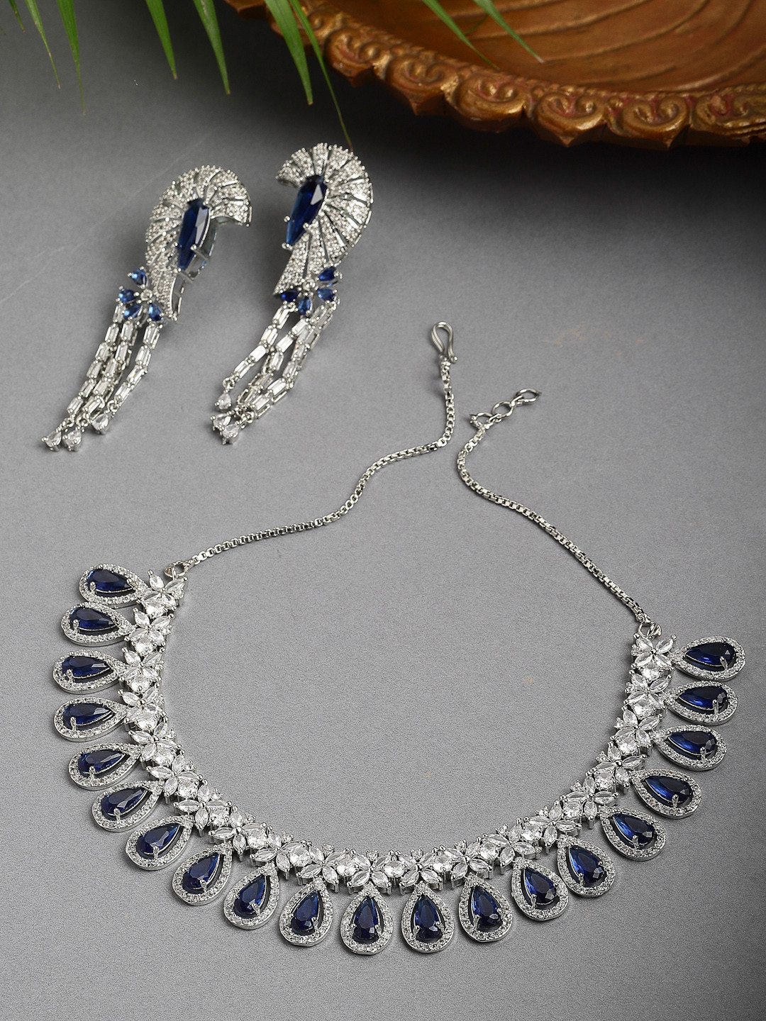ZENEME Women Blue Rhodium-Plated AD Studded Crescent Design Jewellery Set