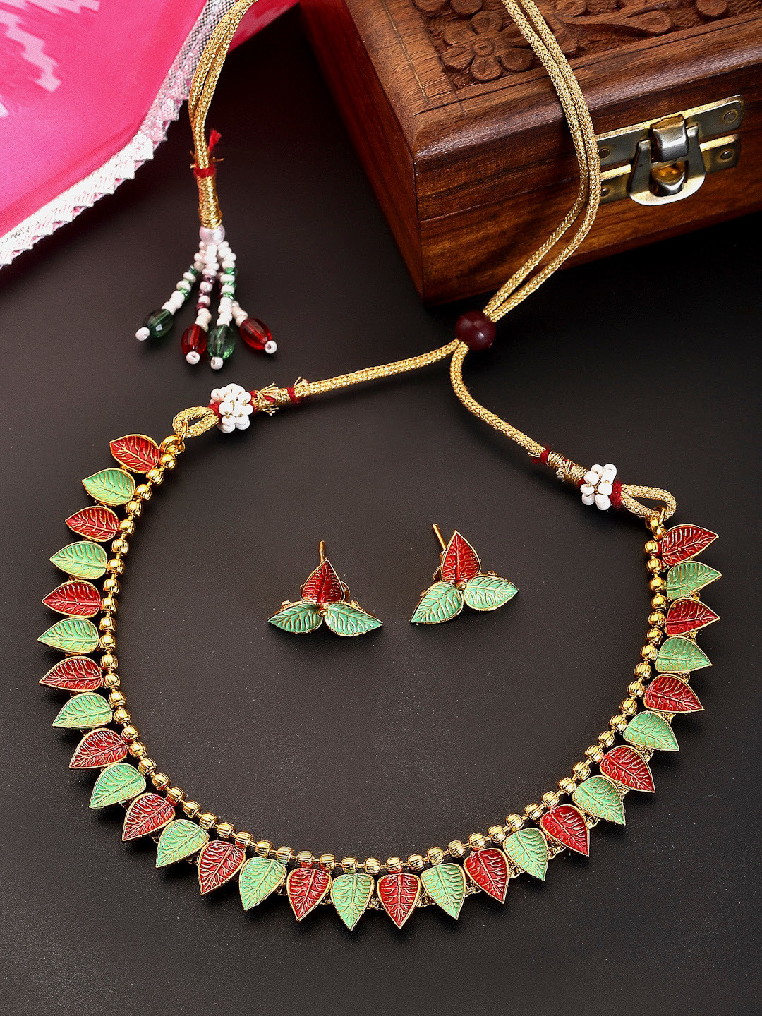 ZENEME Gold-Plated Red and Green Leaves Jewellery Set