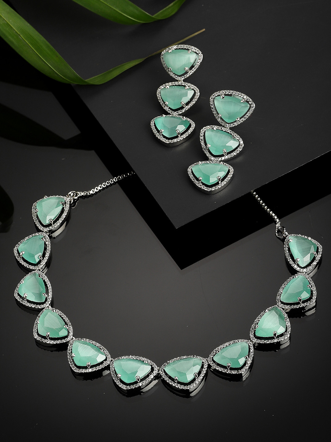 ZENEME Silver-Toned & Sea Green AD Studded Rhodium-Plated Jewellery Set