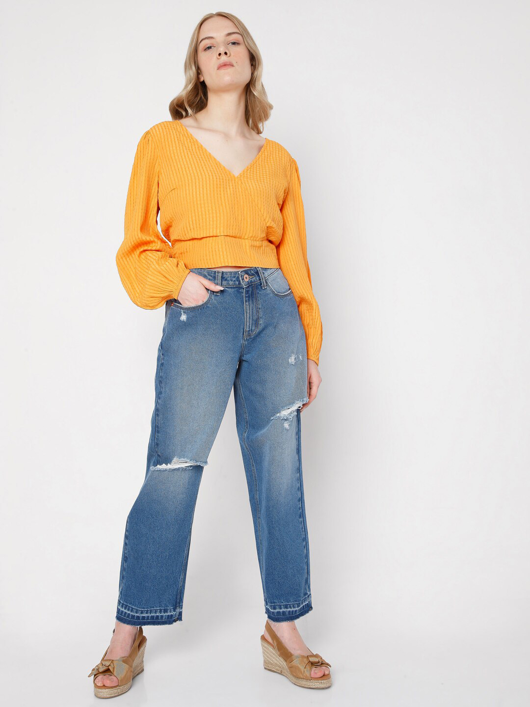 Vero Moda Orange Striped Crop Top With Back Tie-Up