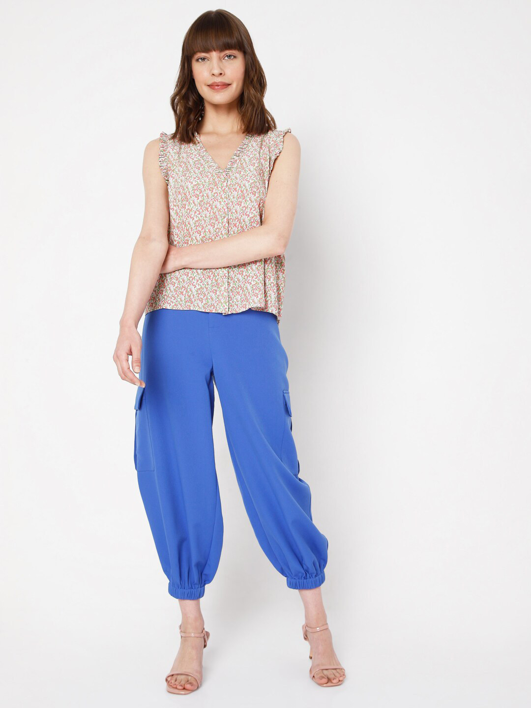 Vero Moda Beige & Green Abstract Print Ruffled Shirt Style Top