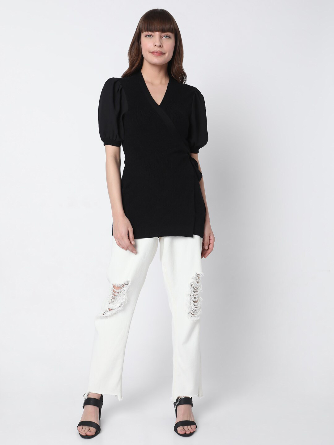 Vero Moda Black Mandarin Collar Wrap Top