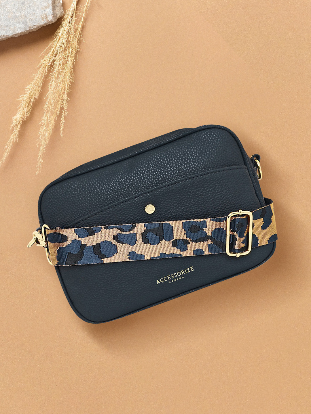 Accessorize London Women's Faux Leather Navy Leopard Strap Camera Bag