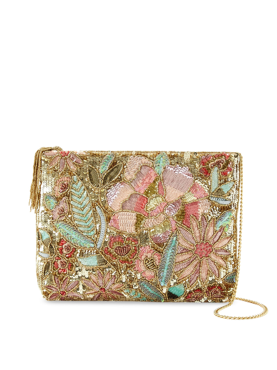 Accessorize Gold-Toned Floral Textured Structured Sling Bag