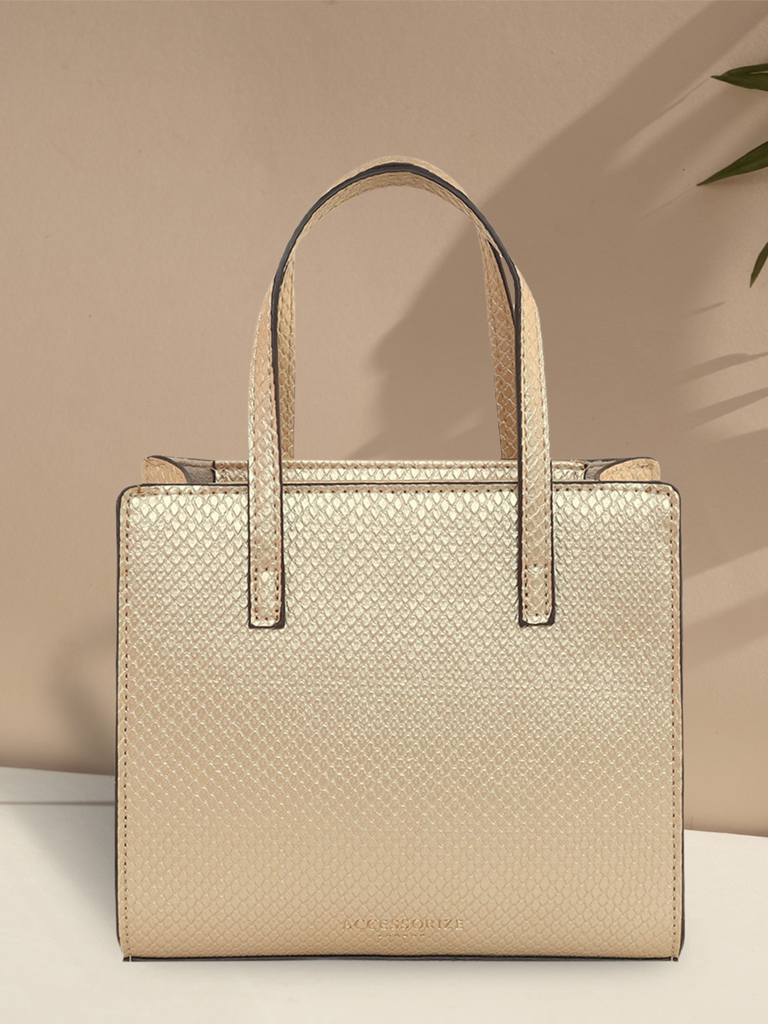 Accessorize Gold-Toned Textured PU Structured Handheld Bag