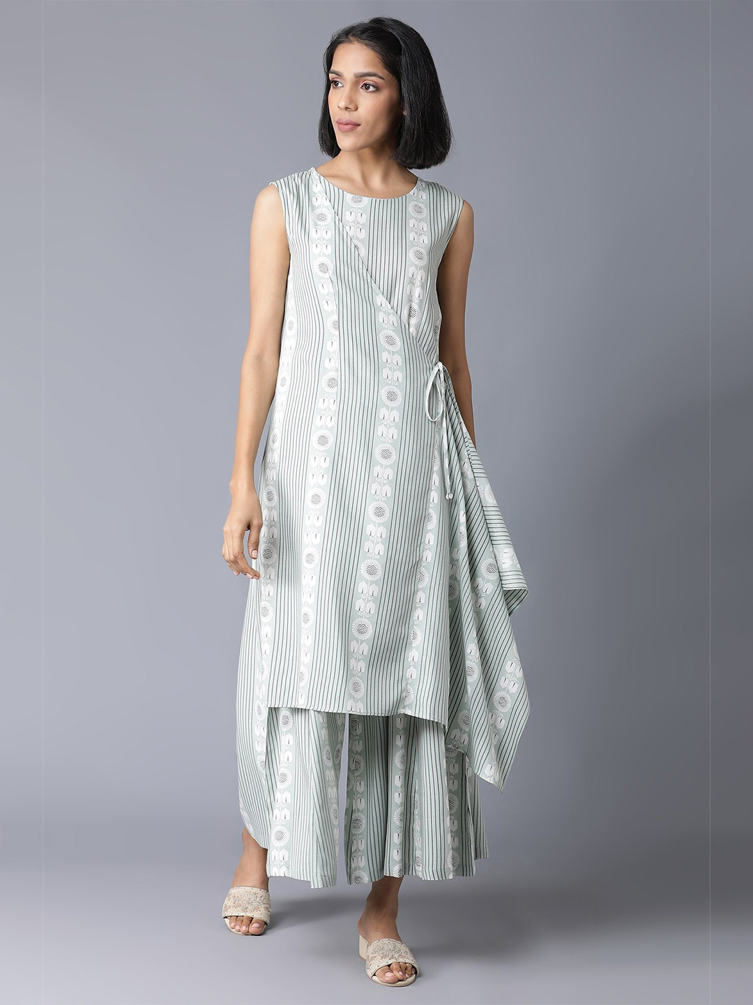 W Women Sage Green & White Printed Rayon Basic Jumpsuit