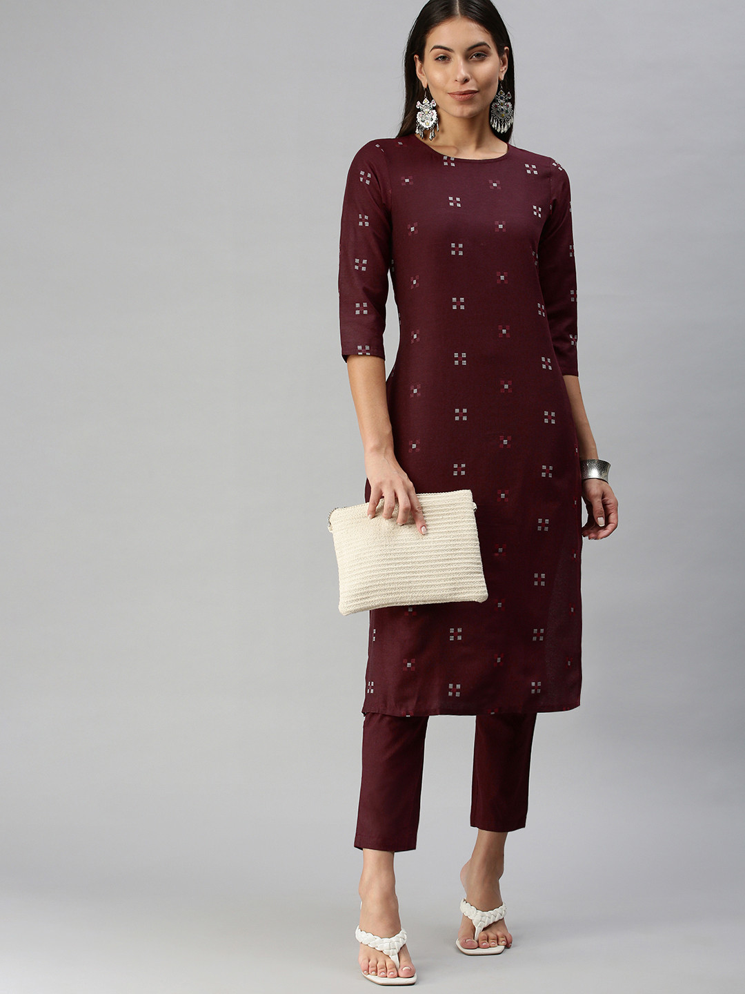 KALINI Women Maroon Pure Cotton Geometric Woven Design Kurta with Trousers