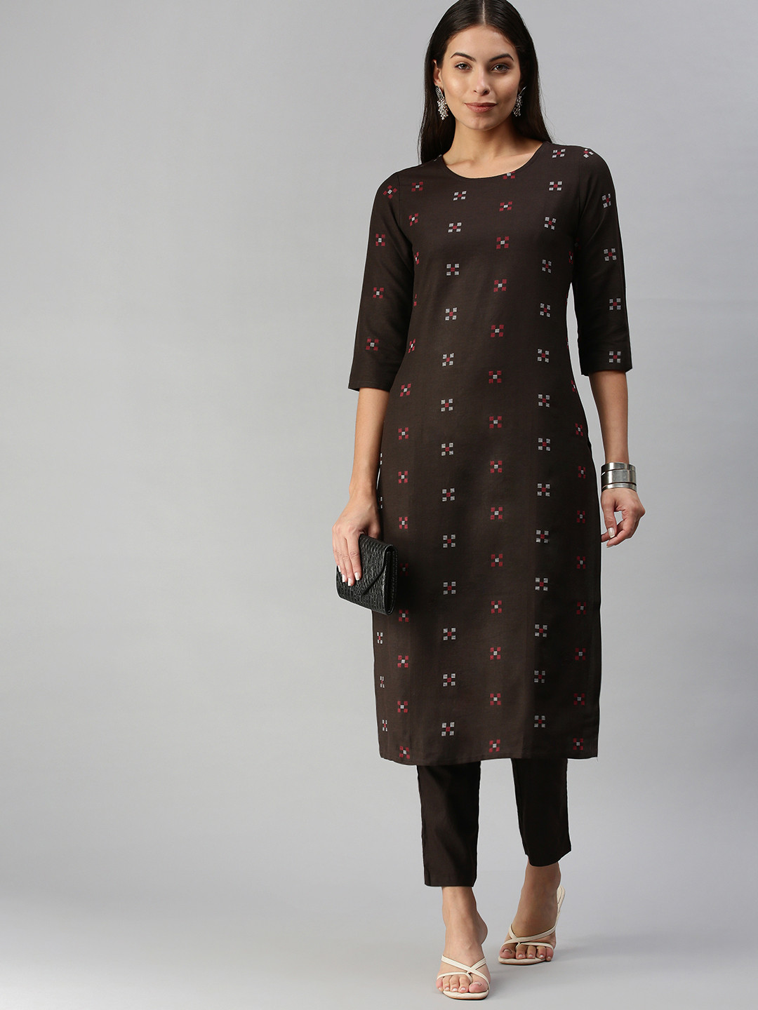 KALINI Women Coffee Brown Pure Cotton Geometric Woven Design Kurta with Trousers