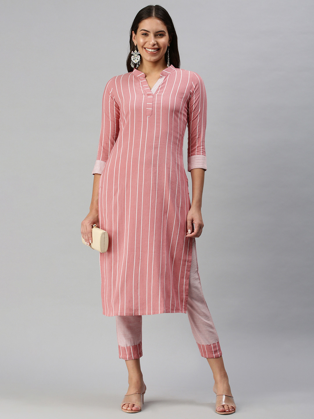 KALINI Women Dusty Pink Pure Cotton Self Striped Kurta with Trousers