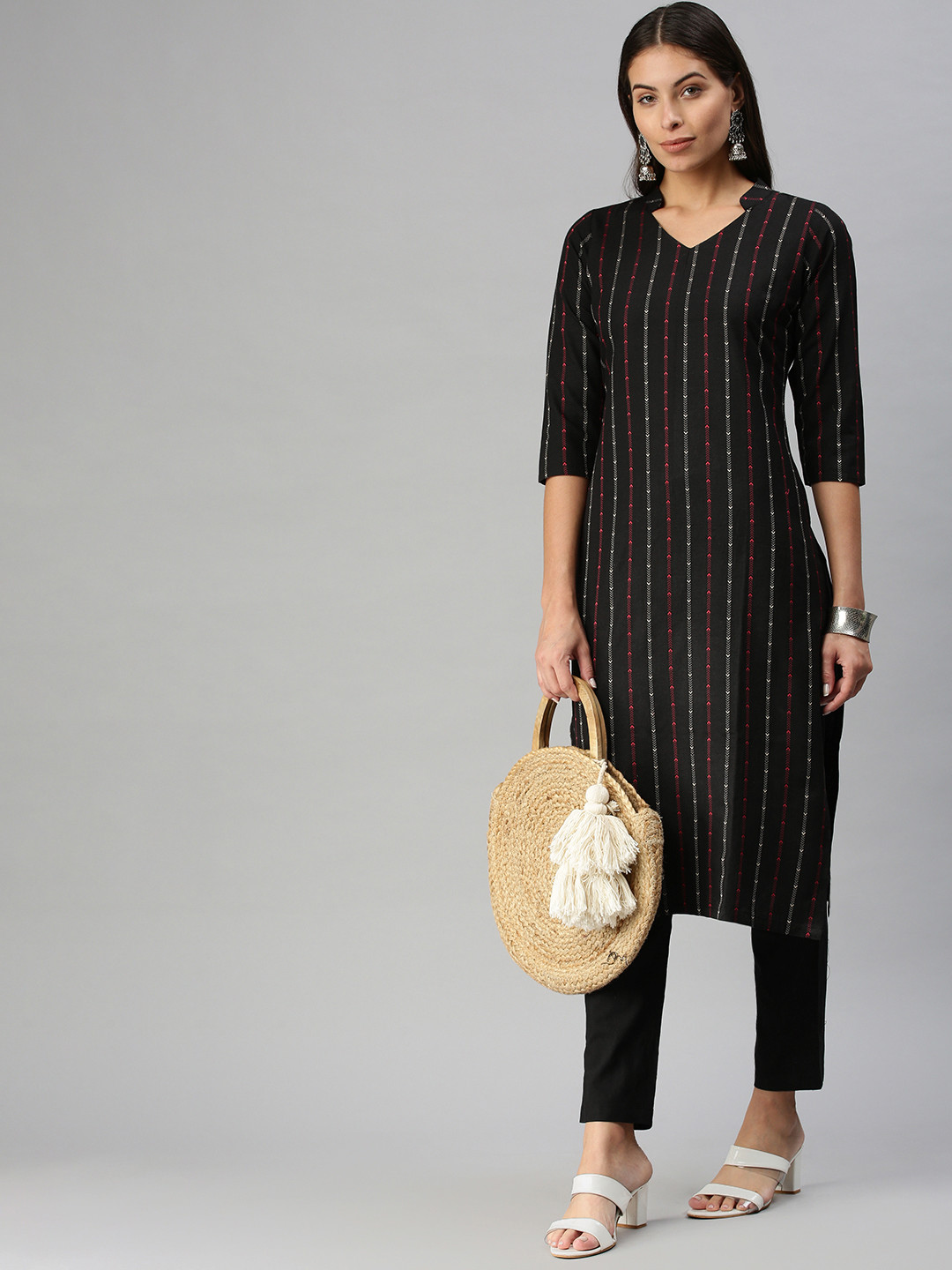 KALINI Women Black Pure Cotton Kurta with Trousers