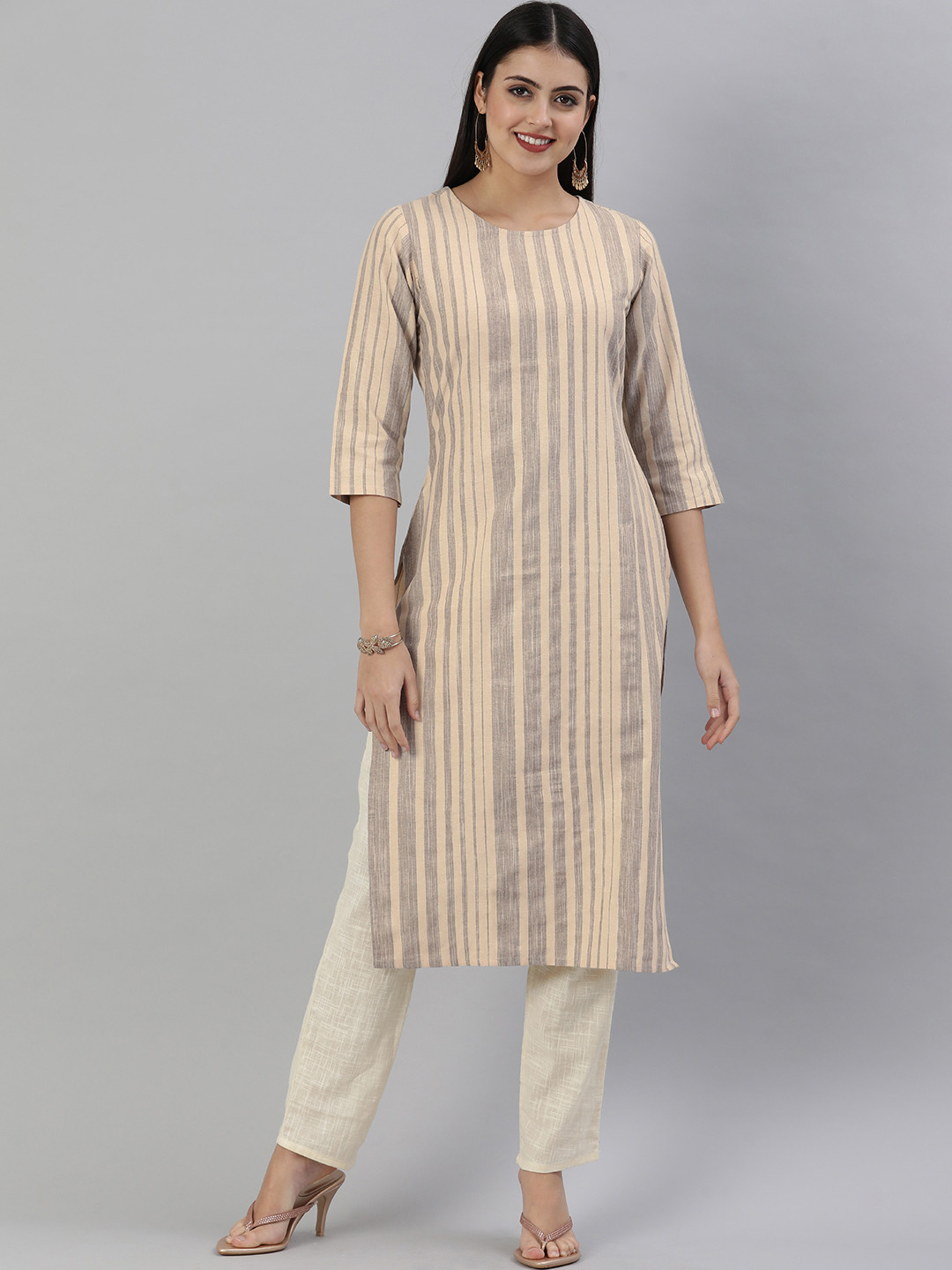 KALINI Women Brown & Cream-Coloured Striped Straight Kurta