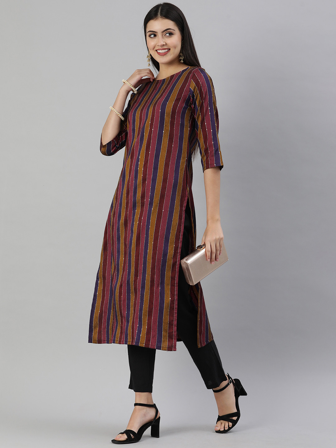 KALINI Maroon & Navy Blue Striped Boat Neck Kurta