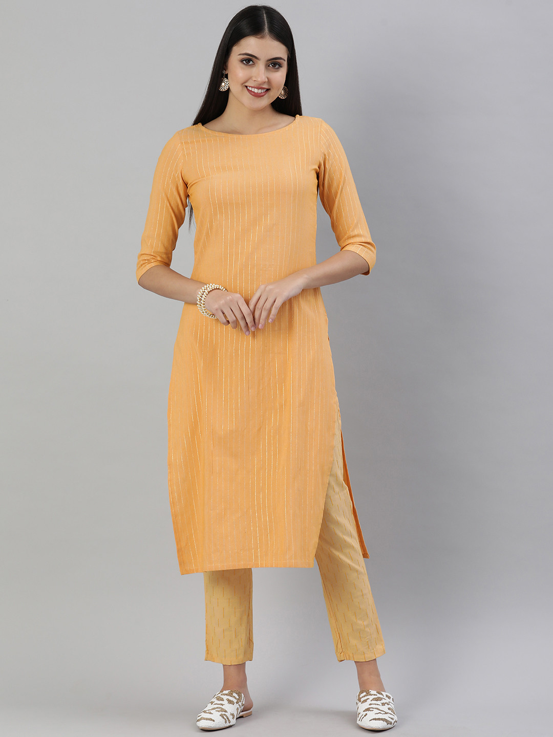 KALINI Orange Striped Boat Neck Kurti
