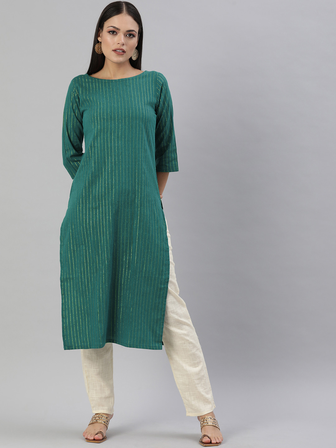 KALINI Teal Green Striped Boat Neck Kurti