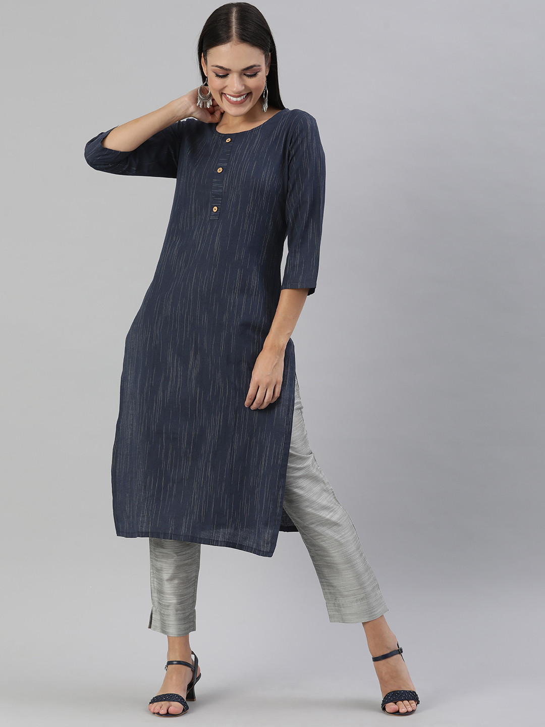 KALINI Women Navy Blue & White Self Striped Straight Kurta