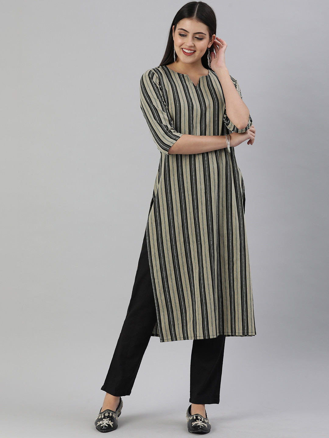 KALINI Women Beige & Black Striped Straight Kurta
