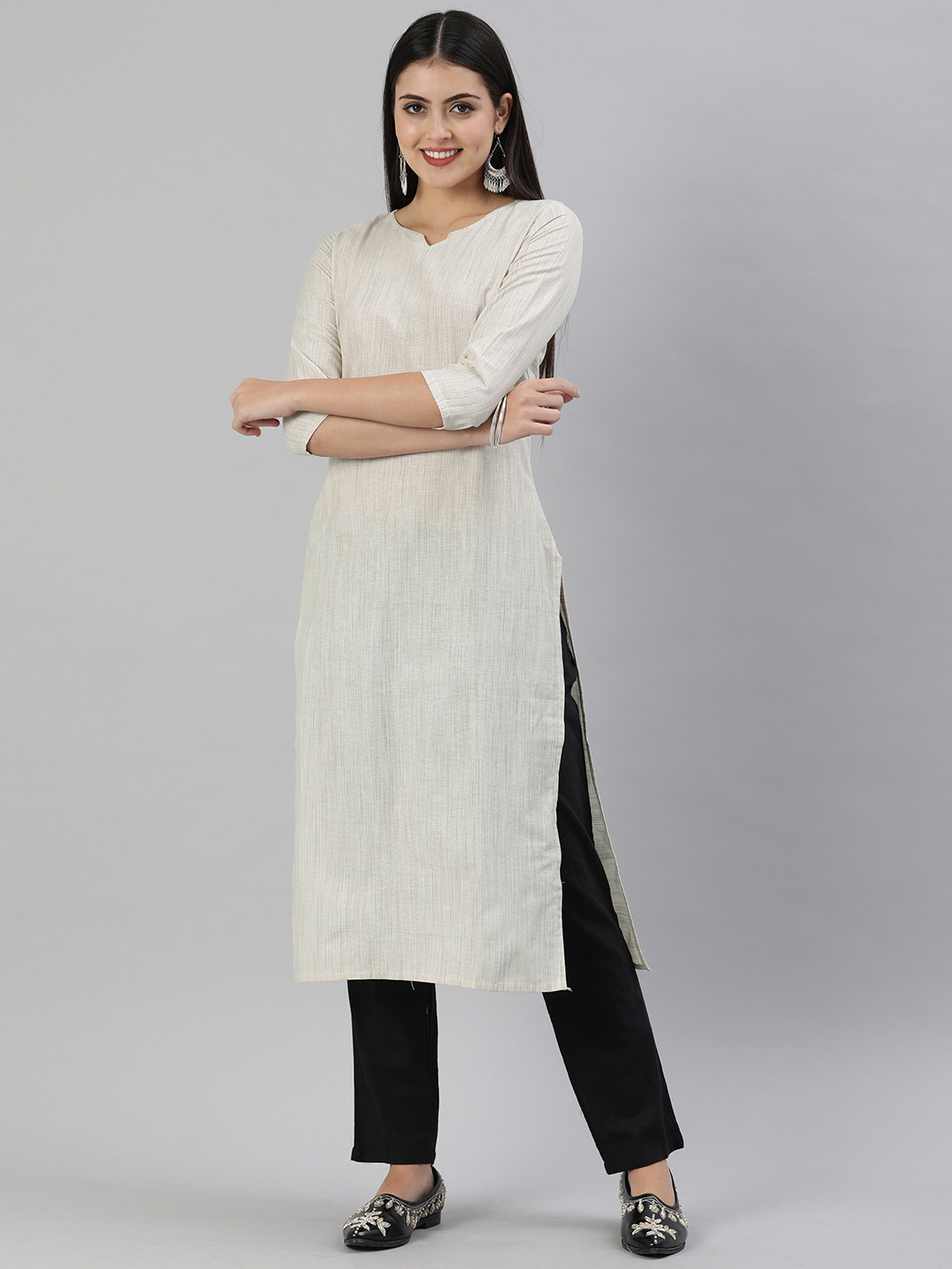 KALINI Women Off White & Beige Self Striped Straight Kurta
