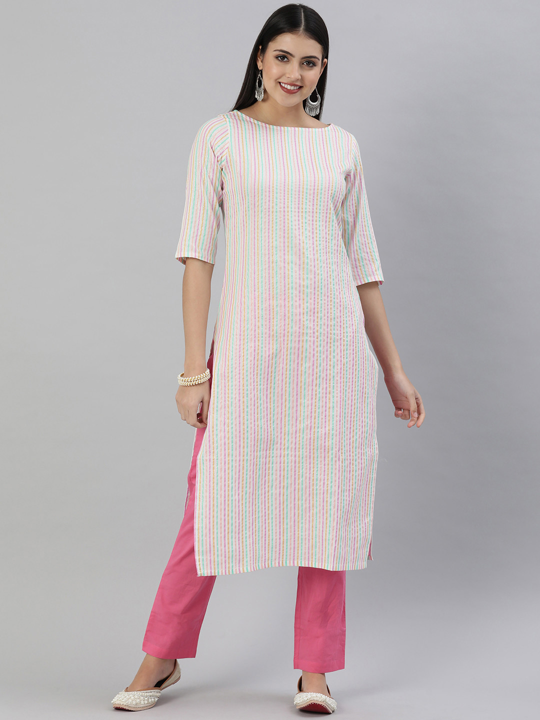 KALINI Women Multicolored Striped Seerscuker Straight Kurta