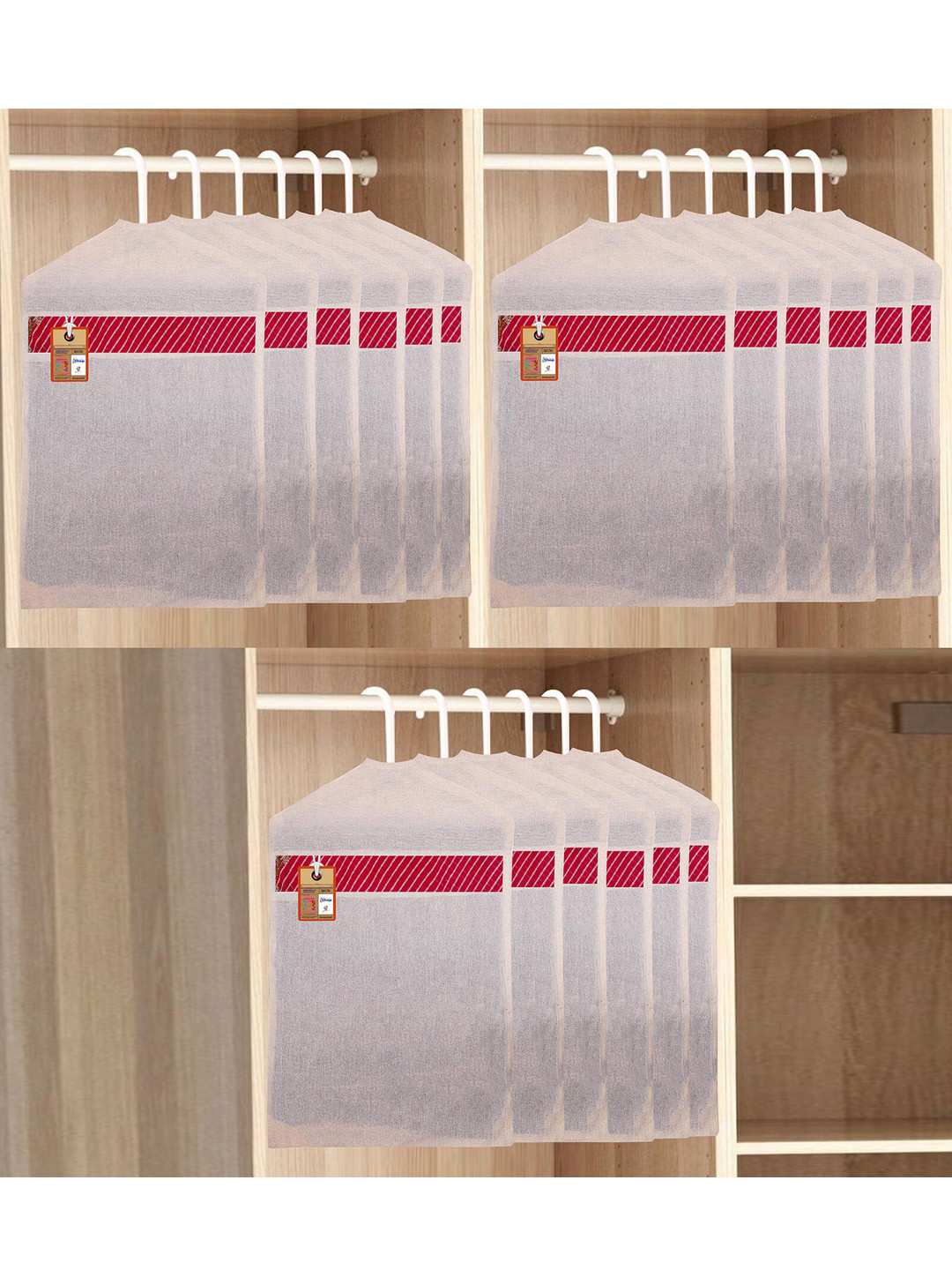 atorakushon Set Of 18 Off-White & Red Cotton Hanging Saree Covers