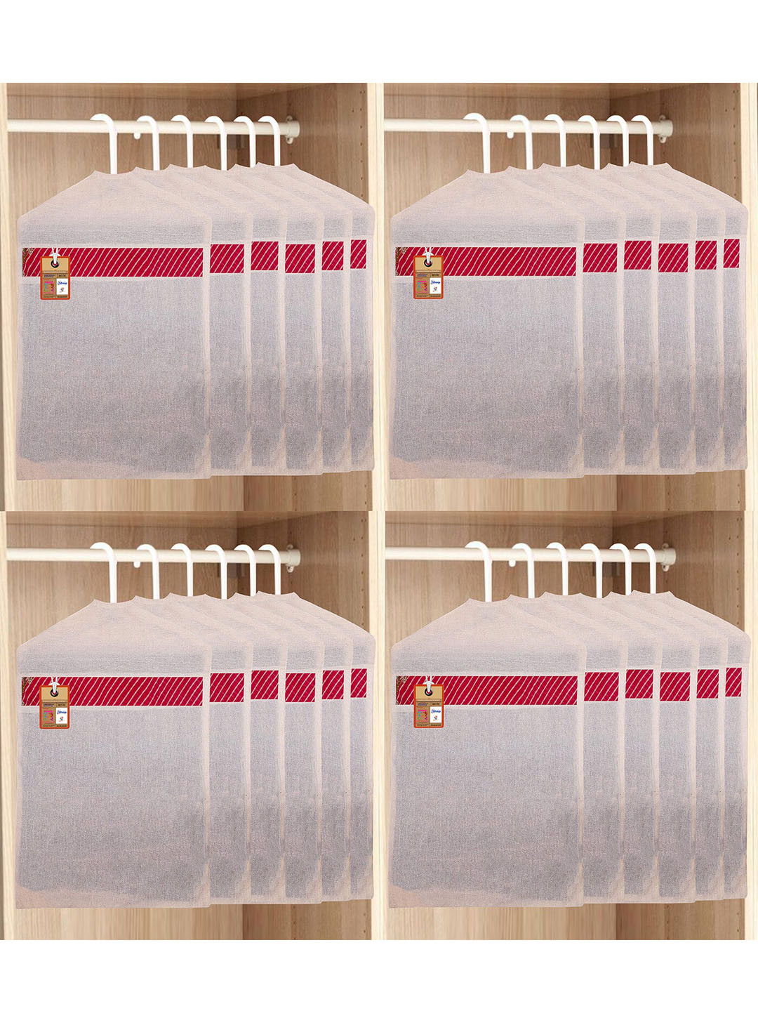 atorakushon Set of 24 Off-White & Red Cotton Hanging Wardrobe Organisers