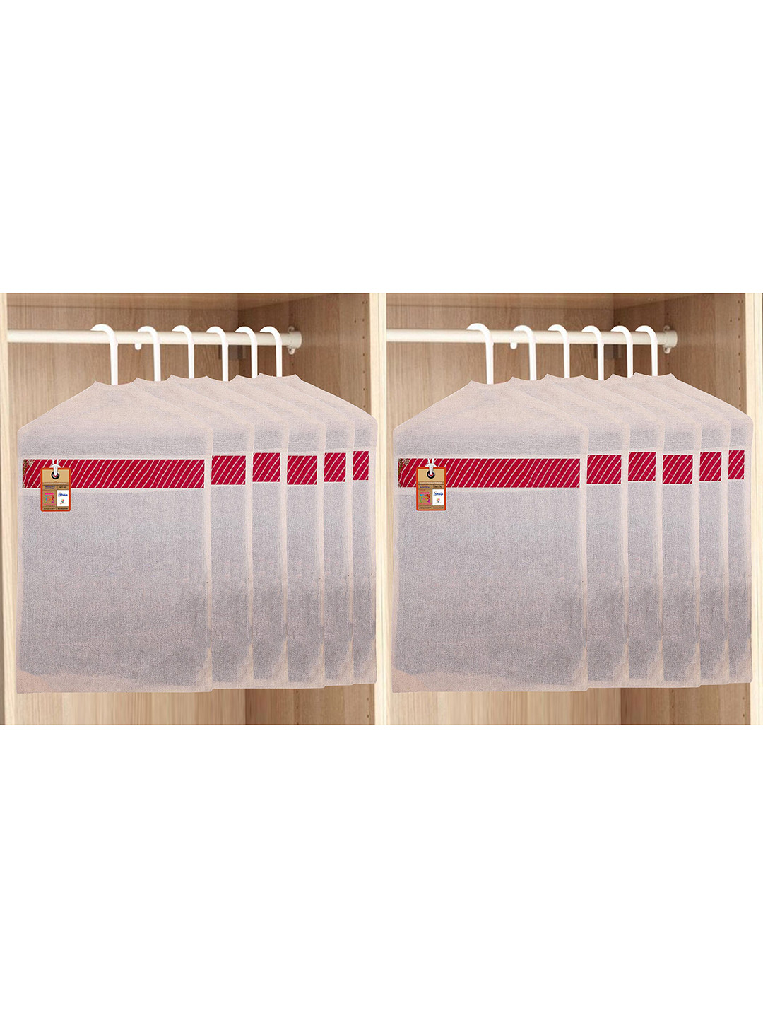 atorakushon Set Of 12 Off-White Solid Cotton Saree Hanging Cover Organisers