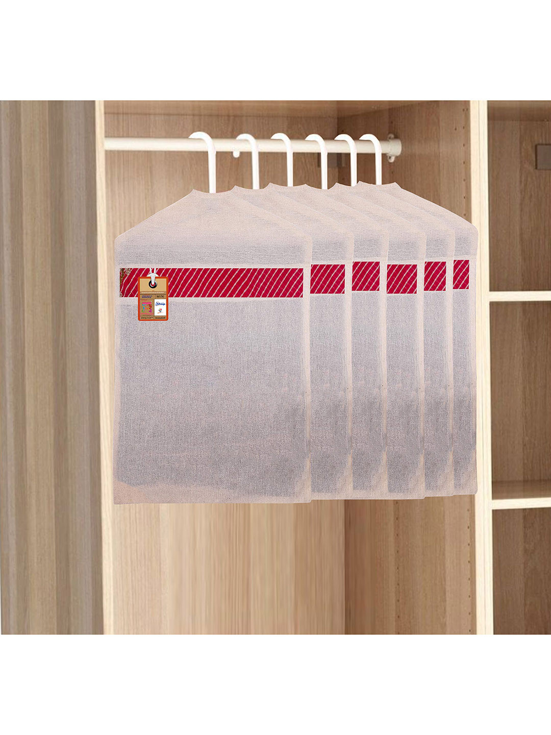 atorakushon Set of 6 Off White & Red Cotton Hanging Saree Covers