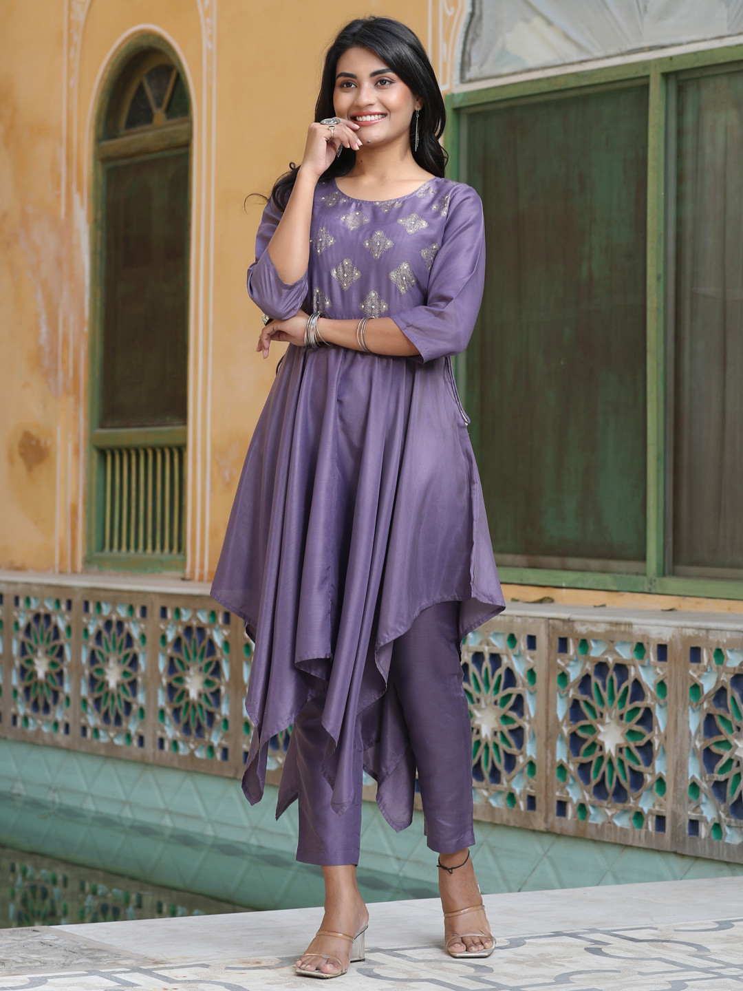 Jaipur Kurti Women Purple Floral Yoke Design Empire Kurti with Trousers